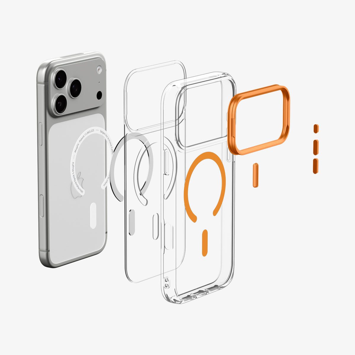 ACS11910 - iPhone 18 Pro Max / iPhone 17 Pro Max Ultra Hybrid Optik S (Mag Fit) Clear Orange showing an exploded view of the case layers, magnetic ring, camera frame, and button components