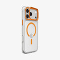 ACS11910 - iPhone 18 Pro Max / iPhone 17 Pro Max Ultra Hybrid Optik S (Mag Fit) Clear Orange showing an angled rear view highlighting the clear case and raised camera ring stand