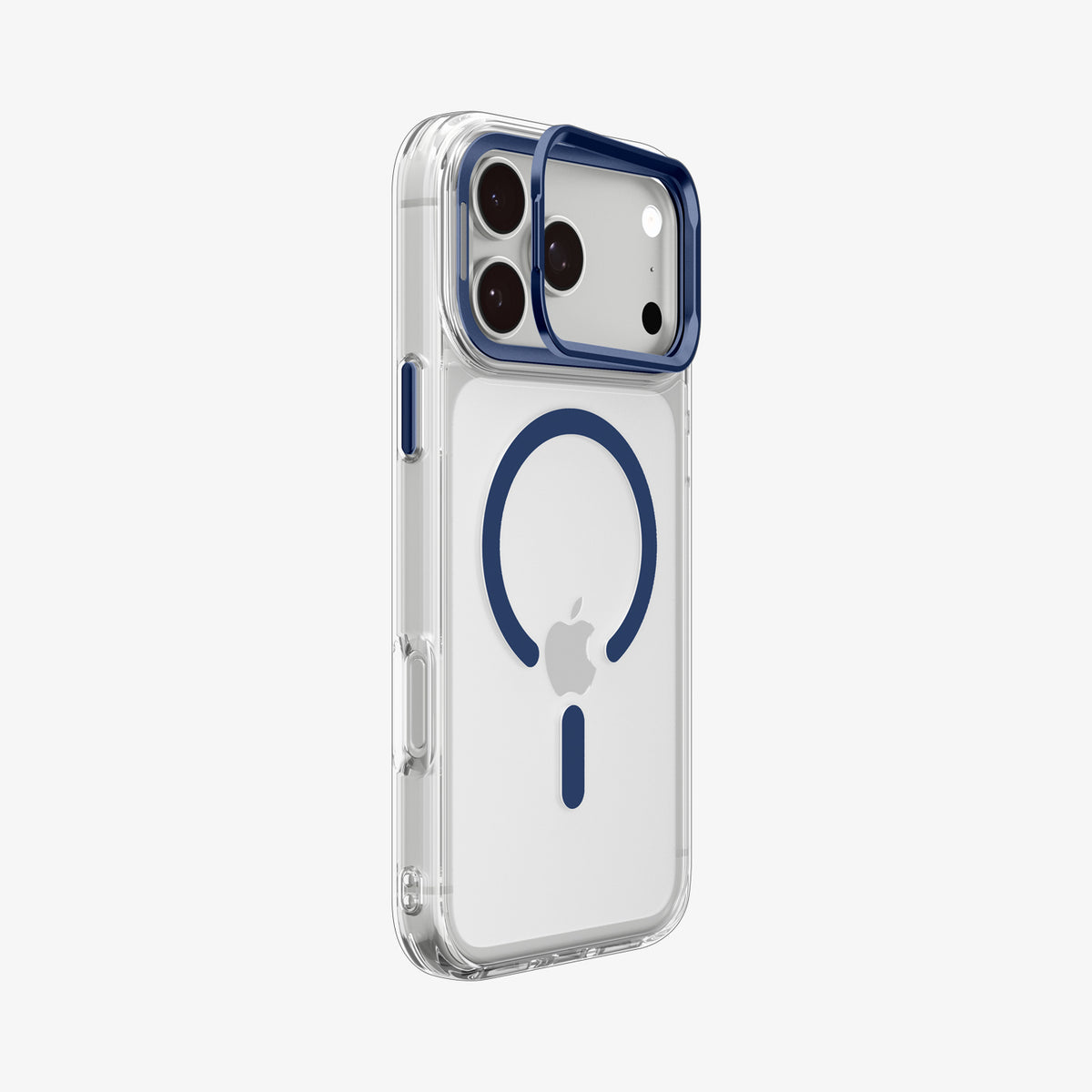 ACS11909 - iPhone 18 Pro Max / iPhone 17 Pro Max Ultra Hybrid Optik S (Mag Fit) Clear Deep Blue showing an angled rear view highlighting the clear case and raised camera ring stand