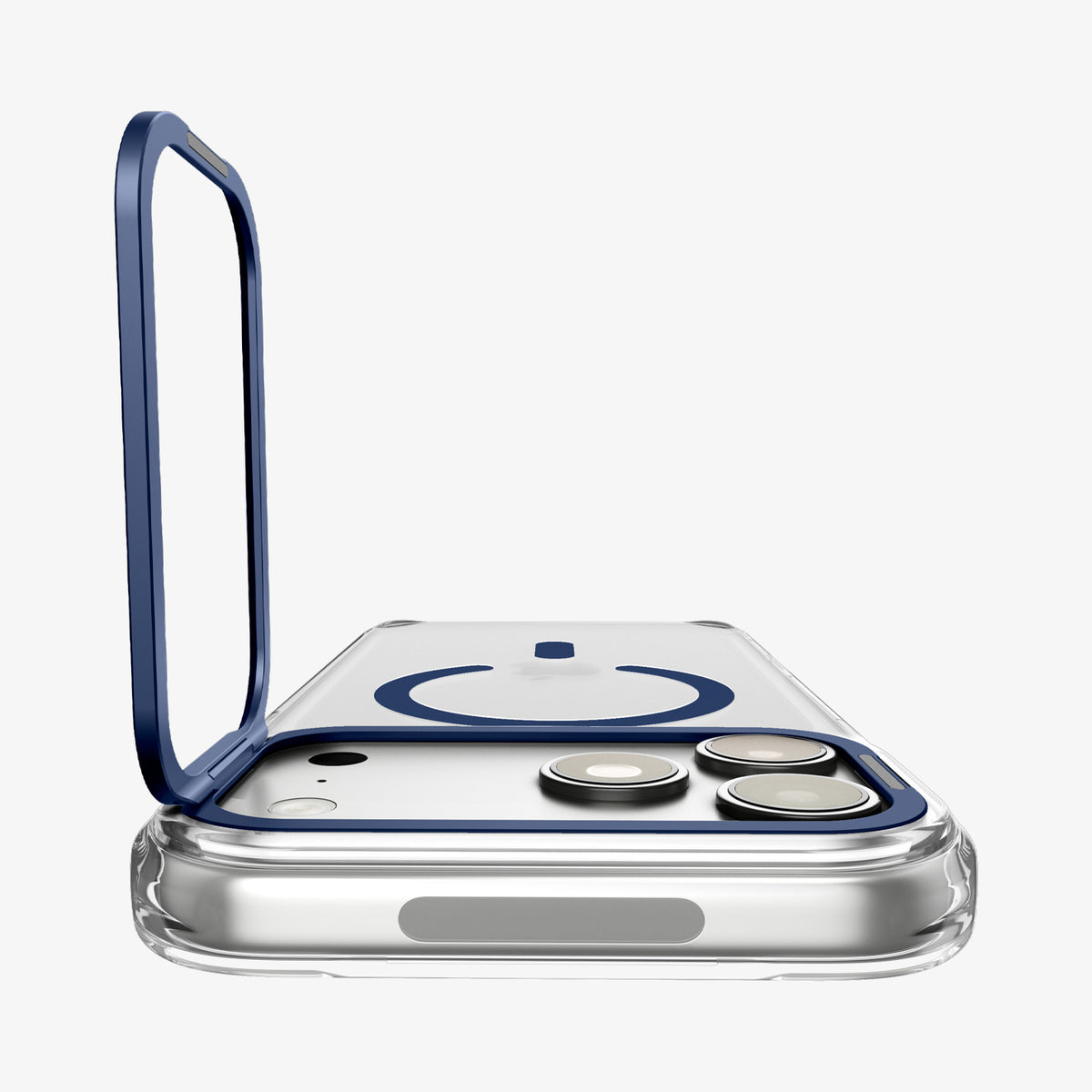 ACS11909 - iPhone 18 Pro Max / iPhone 17 Pro Max Ultra Hybrid Optik S (Mag Fit) Clear Deep Blue showing the camera ring stand opened upright for adjustable viewing support