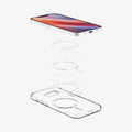 ACS09150 - iPhone 16e Case Liquid Crystal (MagFit) in Clear White showing the device hovering above the detached magsafe ring parts and the case
