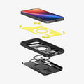 ACS09137 - iPhone 17e Case Tough Armor AI (MagFit) in Black showing the device hovering above the detached impact foam, frame, metal ring and the back layer of the case