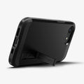 ACS09137 - iPhone 17e Case Tough Armor AI (MagFit) in Black showing the back, partial side and bottom with built-in kickstand propped up