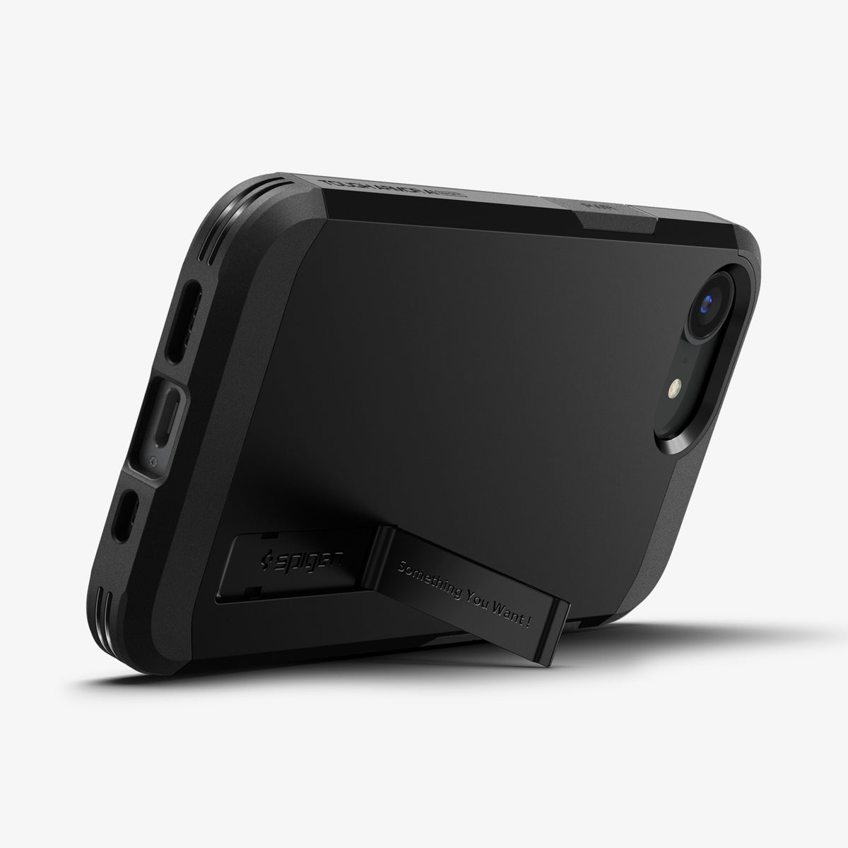 ACS09137 - iPhone 17e Case Tough Armor AI (MagFit) in Black showing the back, partial side and bottom with built-in kickstand propped up