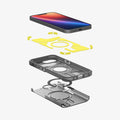 ACS09138 - iPhone 17e Case Tough Armor AI (MagFit) in Frost Black showing the device hovering above the detached impact foam, frame, metal ring and the back layer of the case