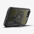 ACS09138 - iPhone 17e Case Tough Armor AI (MagFit) in Frost Black showing the back, partial side and bottom with built-in kickstand propped up