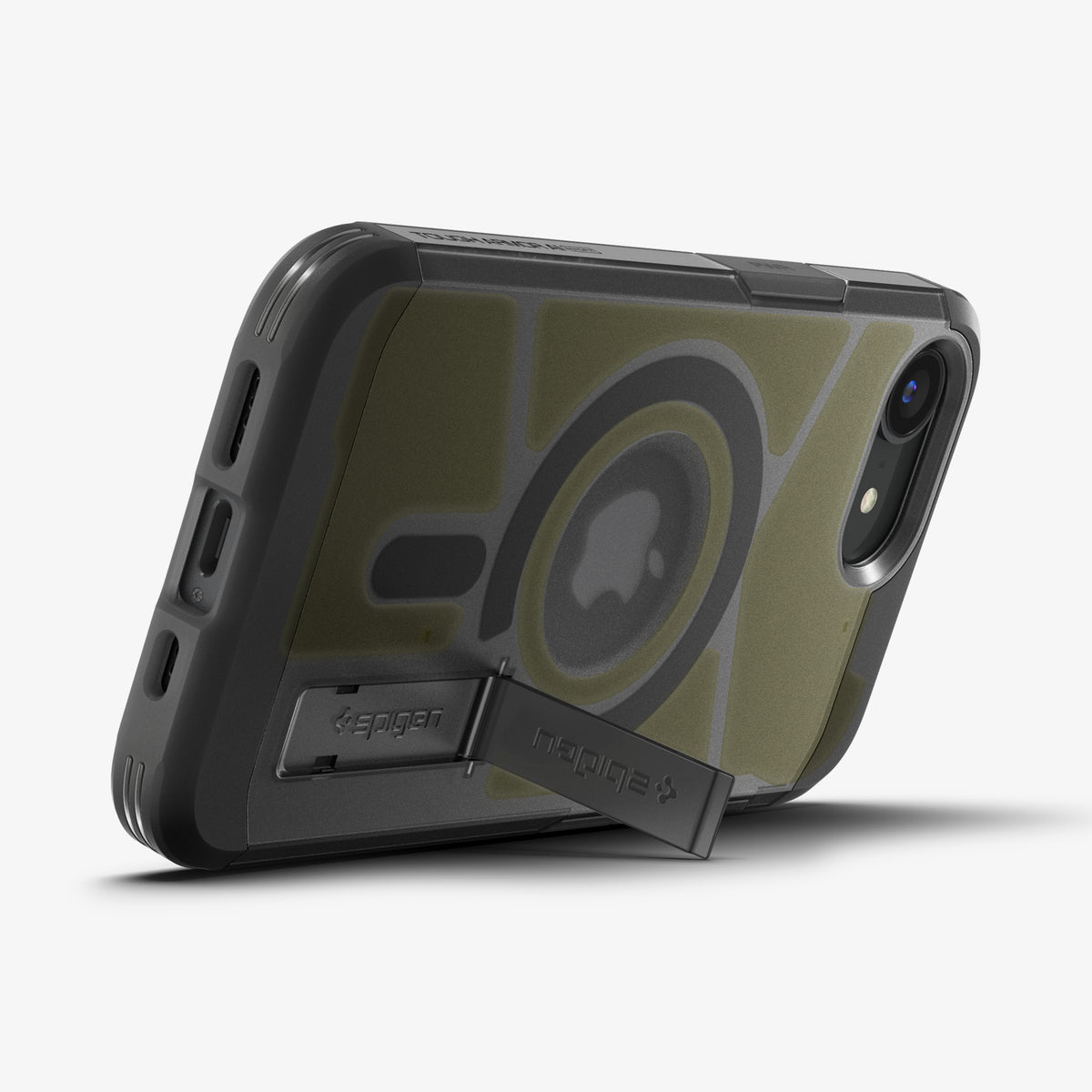 ACS09138 - iPhone 17e Case Tough Armor AI (MagFit) in Frost Black showing the back, partial side and bottom with built-in kickstand propped up