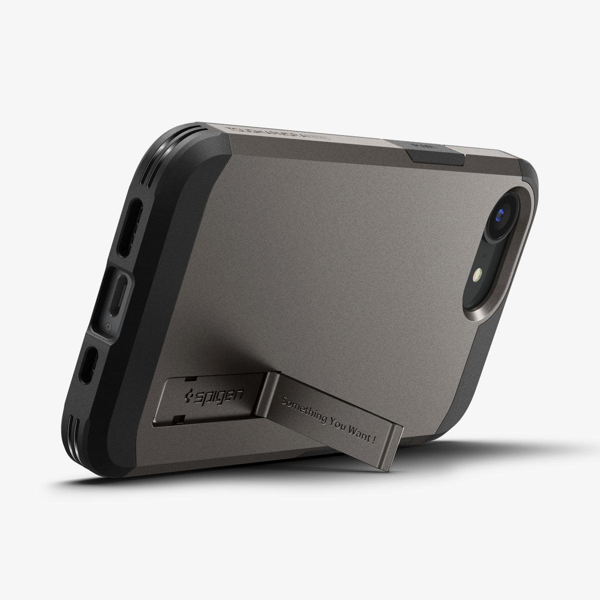 ACS09136 - iPhone 17e Case Tough Armor AI (MagFit) in Gunmetal showing the back, partial side and bottom with built-in kickstand propped up