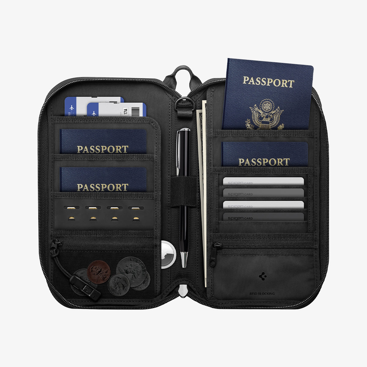 AFA07574 - Klasden Passport Organizer KD500 in Black showing the inner with multiple stuffs inserted 