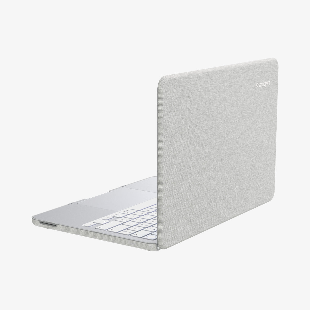 ACS11542 - MacBook Neo 13-inch Urban Fit in Heather Gray showing side view of MacBook open in Urban Fit case, keyboard visible