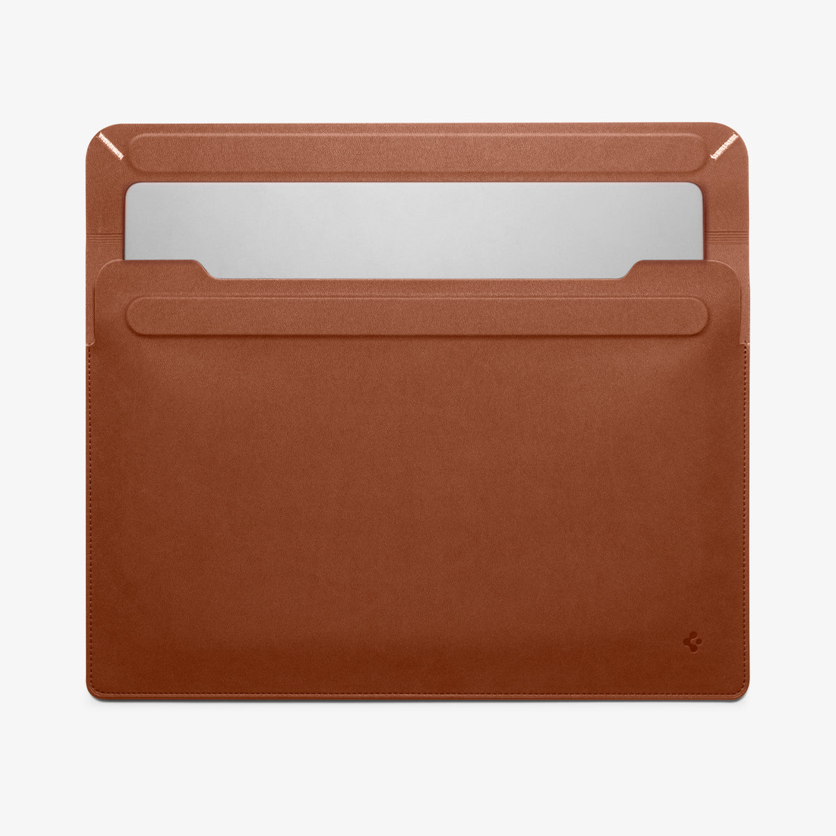 AFA06419 - MacBook Pro 16-inch Valentinus Laptop Pouch in Classic Brown partially opened revealing laptop sticking out