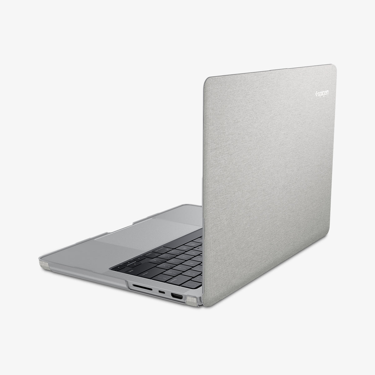 ACS10976 - MacBook Pro 14-inch in Heather Gray showing the the back and side