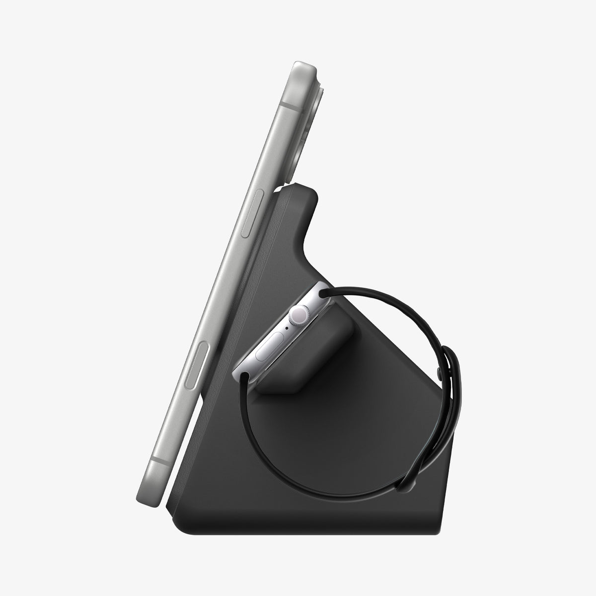 AMP09172 - Magsafe Duo Charger Stand (Mag Fit) in Black showing the side with phone and watch attached 
