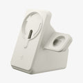 AMP09173 - Magsafe Duo Charger Stand (Mag Fit) in Dune Beige showing the front and partial side of charger stand for phone and watch