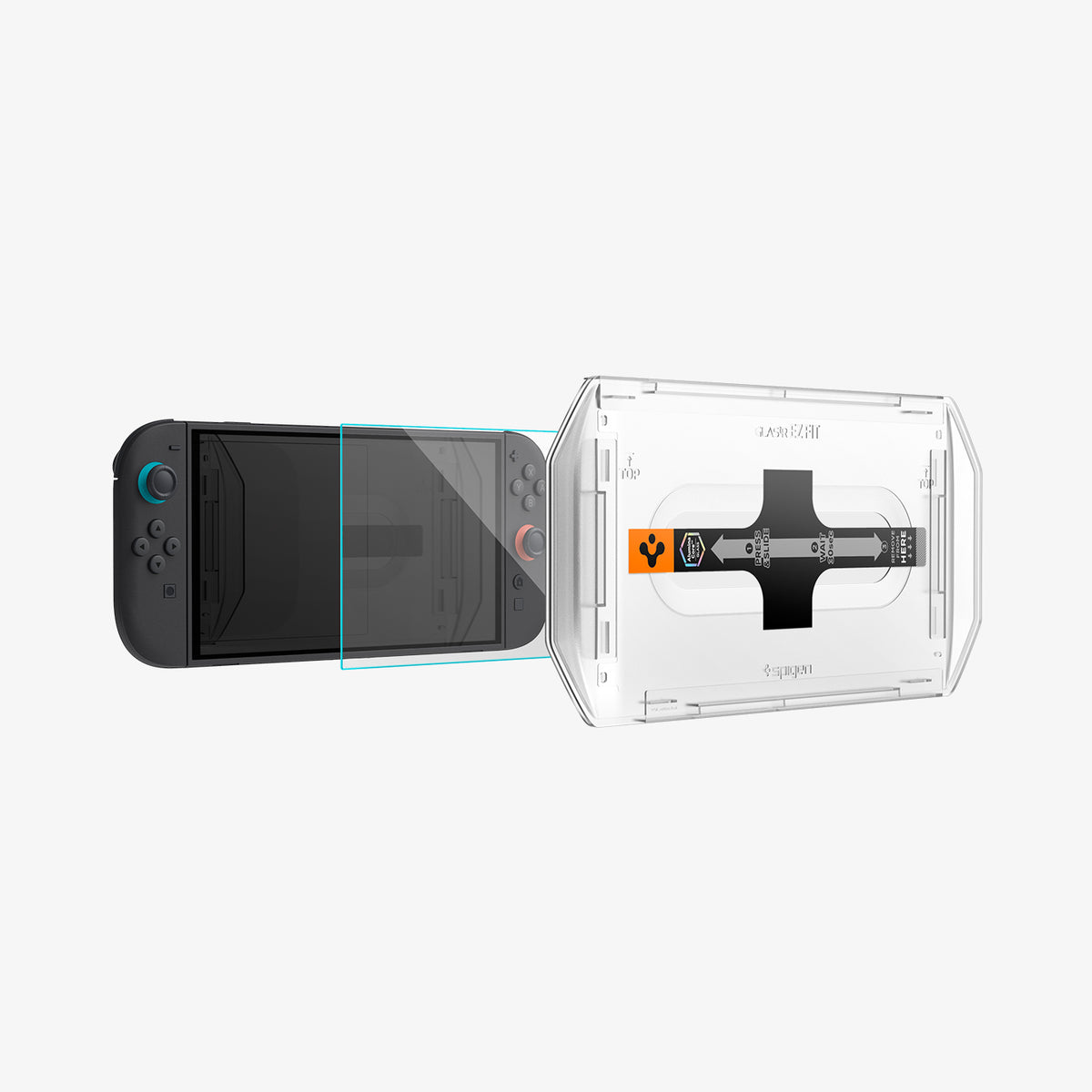 AGL10156 - Nintendo Switch 2 GLAS.tR EZ Fit in Clear showing the front of installation tray hovering in front of the screen protector and the device