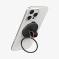 AMP08552 - O-Mag Magnetic Phone Holder (MagFit) OM104 in Black showing the back, top and side of the device, o-mag ring attached to the device showing it's partial side, ring propped up as a kickstand