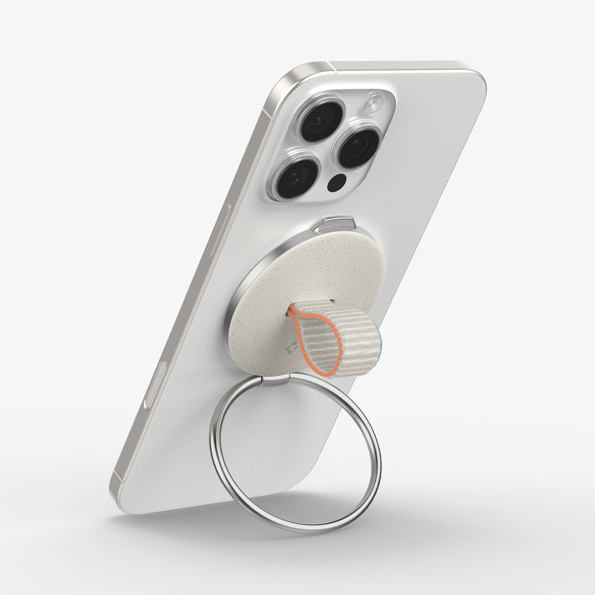 AMP09176 - O-Mag Magnetic Phone Holder (MagFit) OM104 in Dune Beige showing the back, top and side of the device, o-mag ring attached to the device showing it's partial side, ring propped up as a kickstand