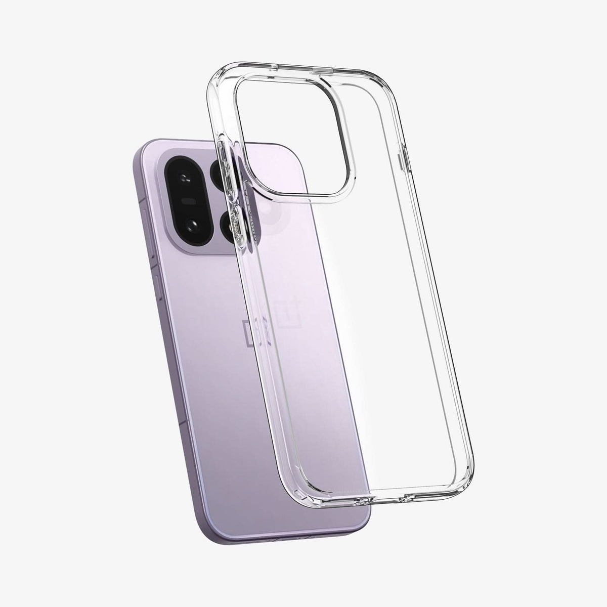 ACS09785 - OnePlus 15 Ultra Hybrid in Crystal Clear showing the back of the case hovering in front of the device. 
