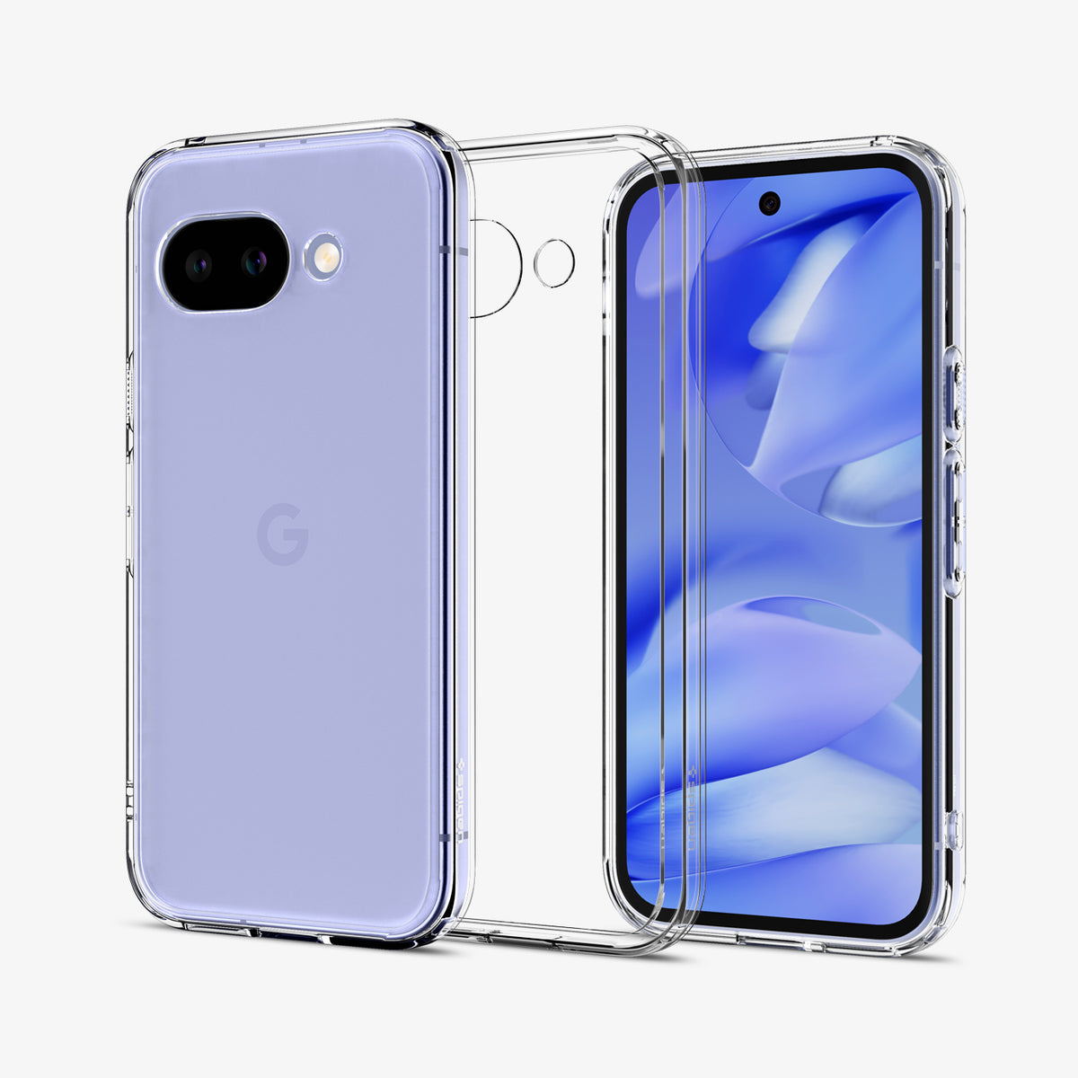 ACS09042 - Pixel 9a Case Ultra Hybrid in Crystal Clear showing the back, partial front and sides, case without device in the middle.