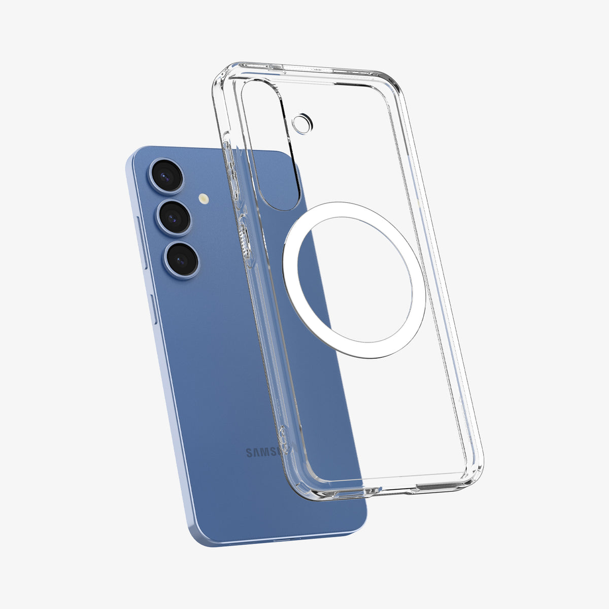 ACS09002 - Galaxy S25 Case Ultra Hybrid Metal Ring (MagFit) in Clear White showing the back, partial side and bottom hovering in front of the device