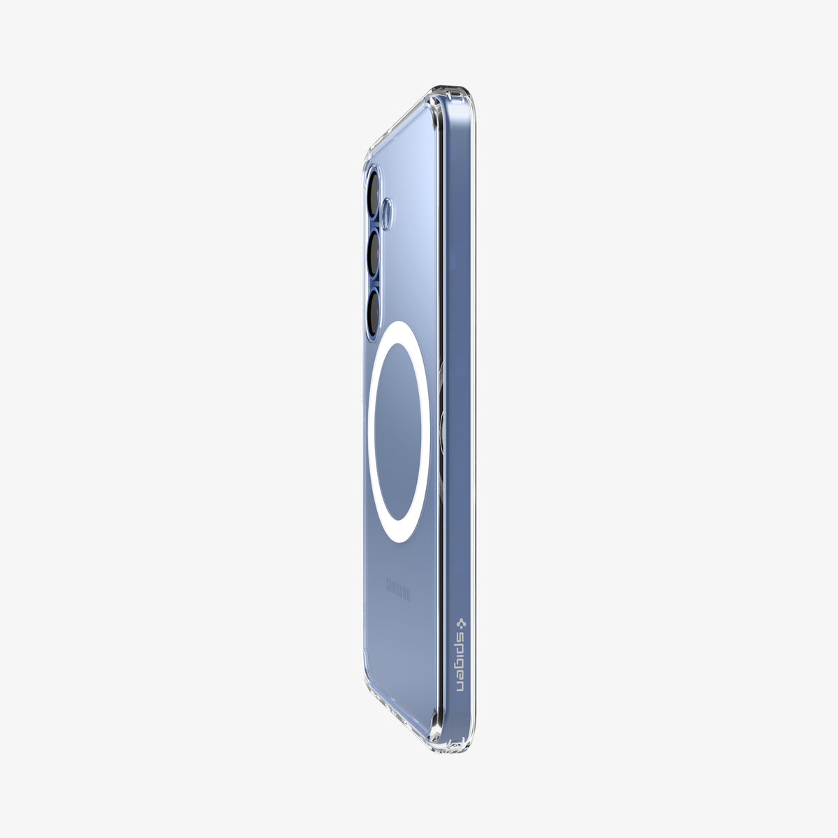 ACS09002 - Galaxy S25 Case Ultra Hybrid Metal Ring (MagFit) in Clear White showing the partial back and side