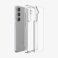ACS10026 - Galaxy S25 FE Series Ultra Hybrid in Crystal Clear showing the transparent back of the case detached from the transparent frame paralleled with the device