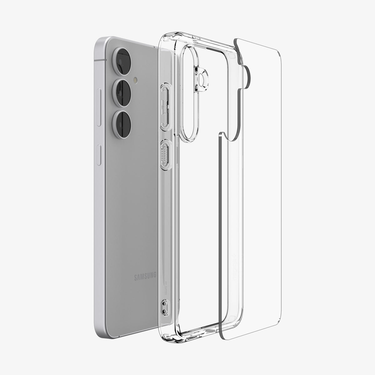 ACS10026 - Galaxy S25 FE Series Ultra Hybrid in Crystal Clear showing the transparent back of the case detached from the transparent frame paralleled with the device