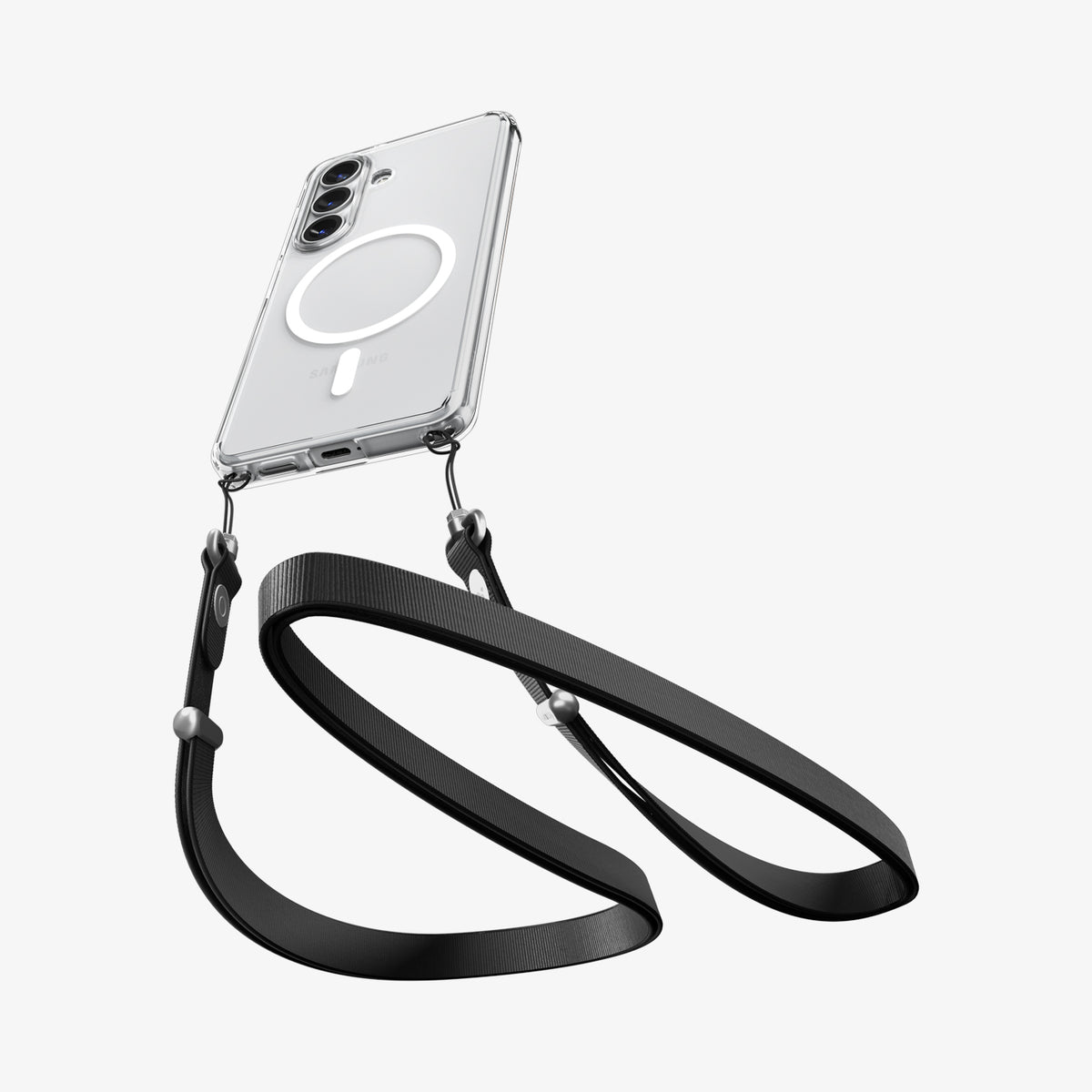 ACS10969 - Galaxy S26 Case Ultra Hybrid (Mag Fit) Crystal Clear showing device and case with double strap on bottom