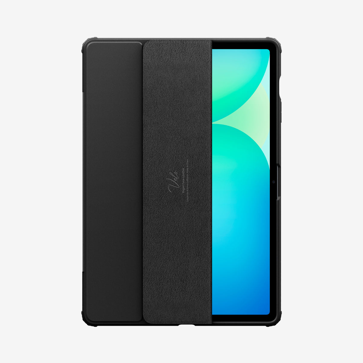 ACS09446 - Galaxy Tab S10 FE+ Case Ultra Hybrid Pro in Black showing the front, cover folded in half, exposing partial front of the device