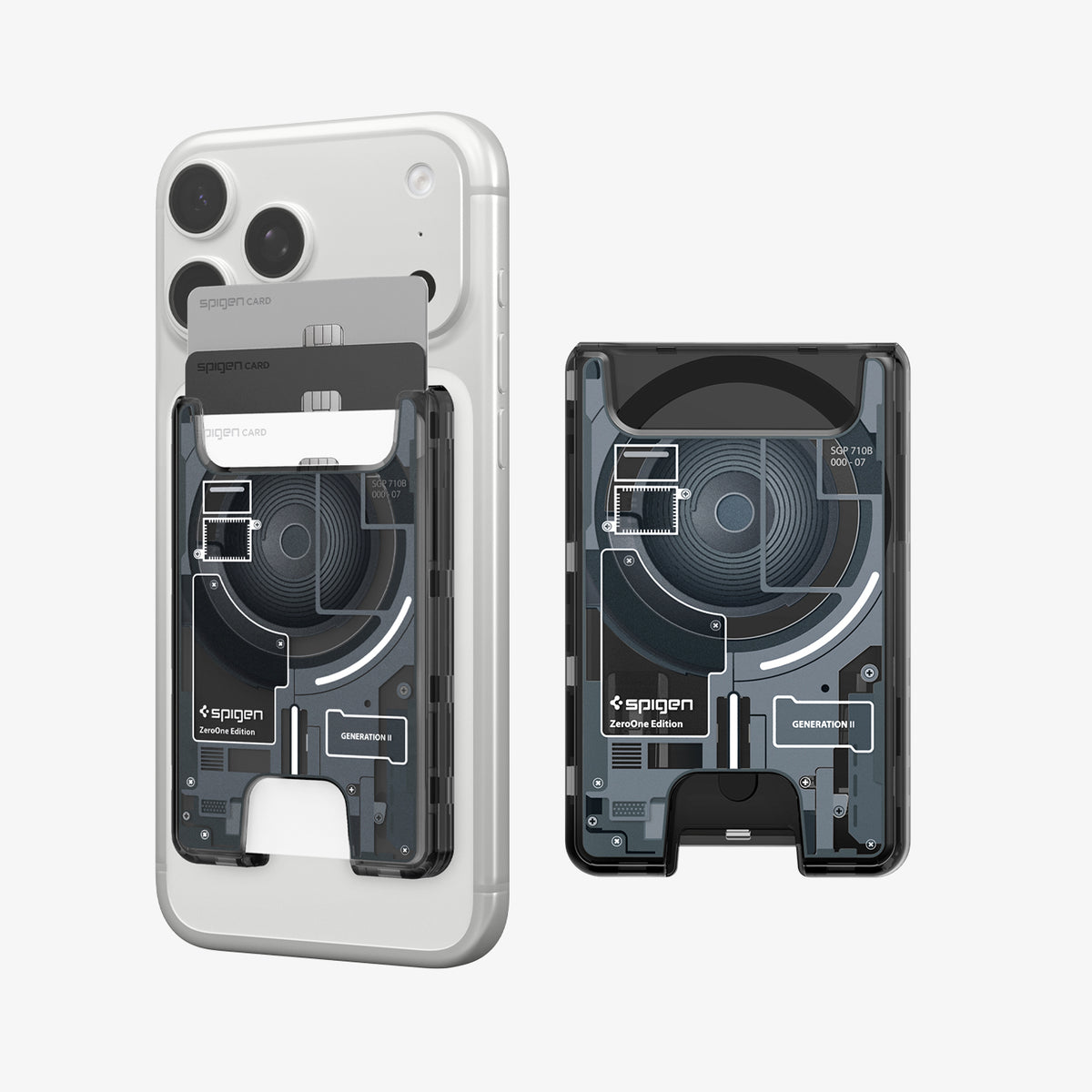 AFA11304 - Ultra Hybrid MagFit card wallet transparent black showing front view with cards inserted and detached wallet highlighting internal circuit inspired design and rear finger cutout