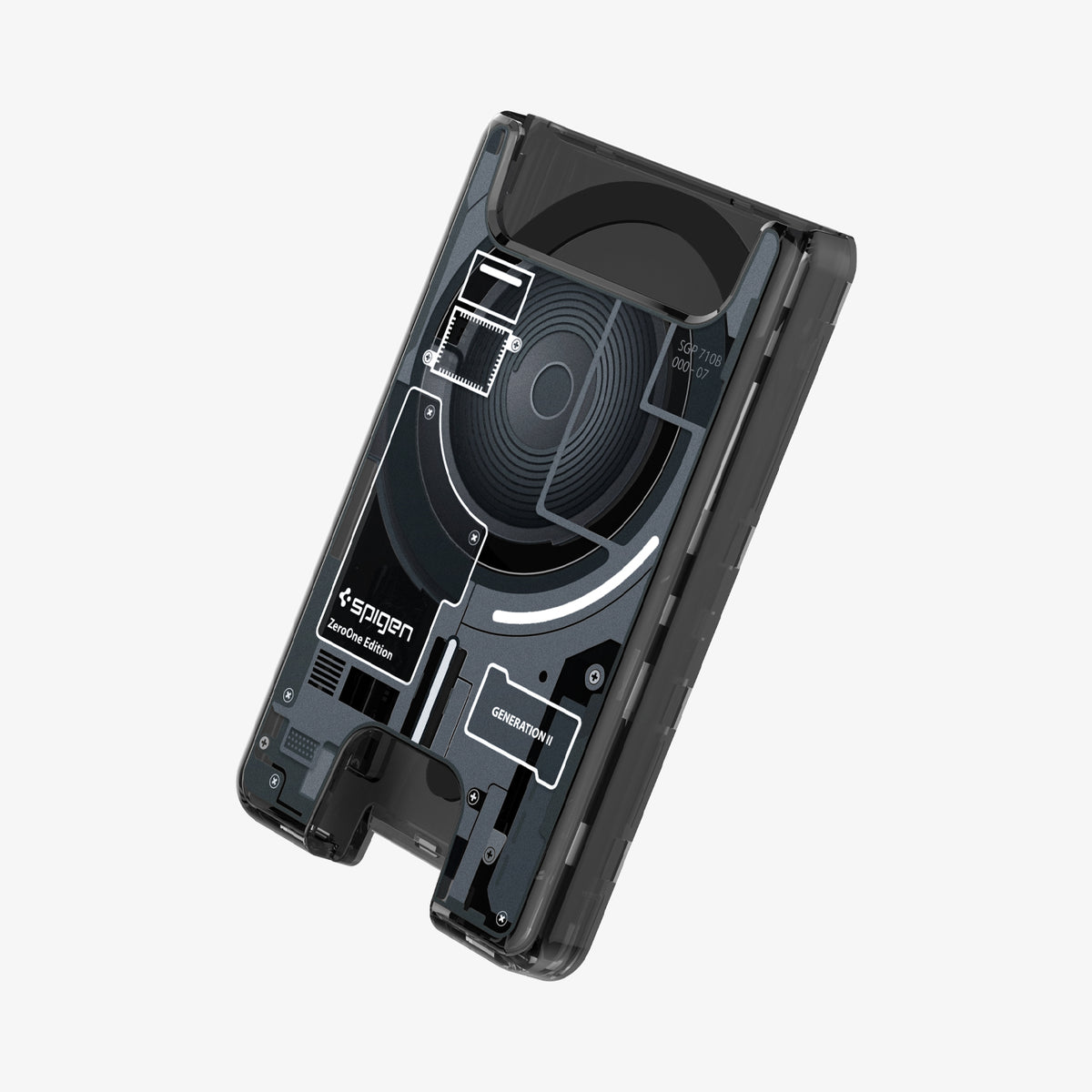 AFA11304 - Ultra Hybrid MagFit card wallet transparent black angled view showcasing Zero One Edition internal circuitry design and slim profile