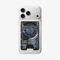 AFA11304 - Ultra Hybrid MagFit card wallet transparent black attached to iPhone showing MagSafe alignment internal circuit inspired design and rear card access cutout