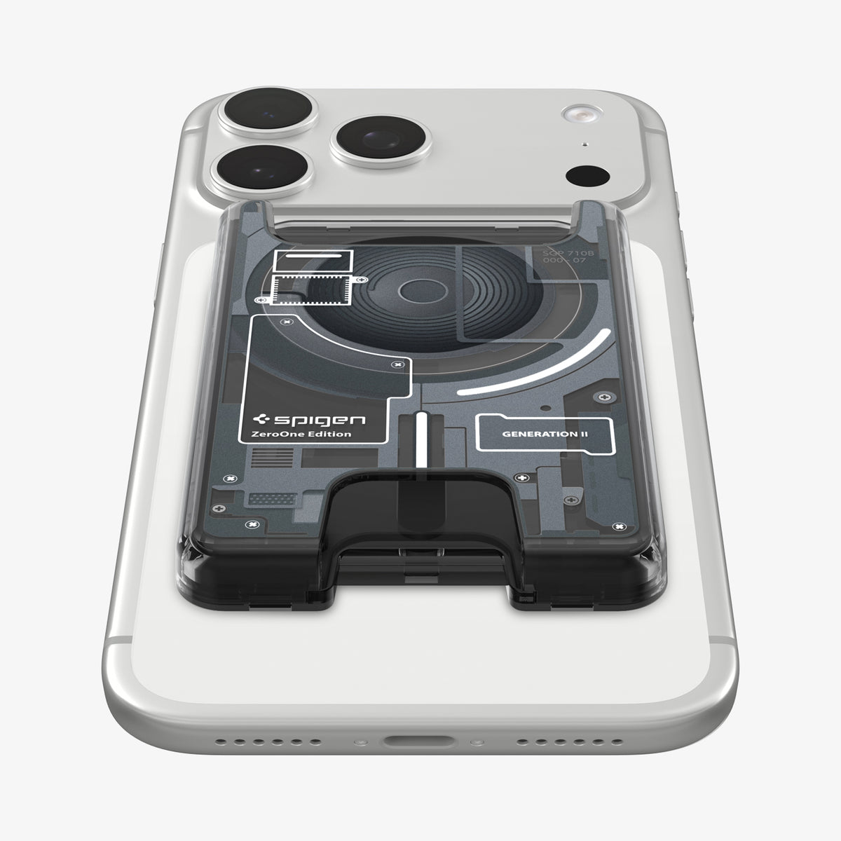 AFA11304 - Ultra Hybrid MagFit card wallet transparent black mounted on iPhone back view showing centered MagSafe alignment precise cutout and exposed Zero One internal circuit design