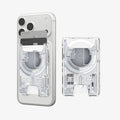 AFA11305 - Ultra Hybrid MagFit card wallet transparent white showing front view with cards inserted and detached wallet highlighting internal circuit inspired design and rear finger cutout