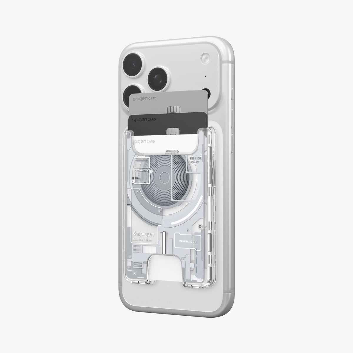 AFA11305 - Ultra Hybrid MagFit card wallet transparent white attached to iPhone showing three cards partially inserted with visible circuit inspired internal design and slim profile