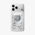 AFA11305 - Ultra Hybrid MagFit card wallet transparent white attached to iPhone showing MagSafe alignment internal circuit inspired design and rear card access cutout