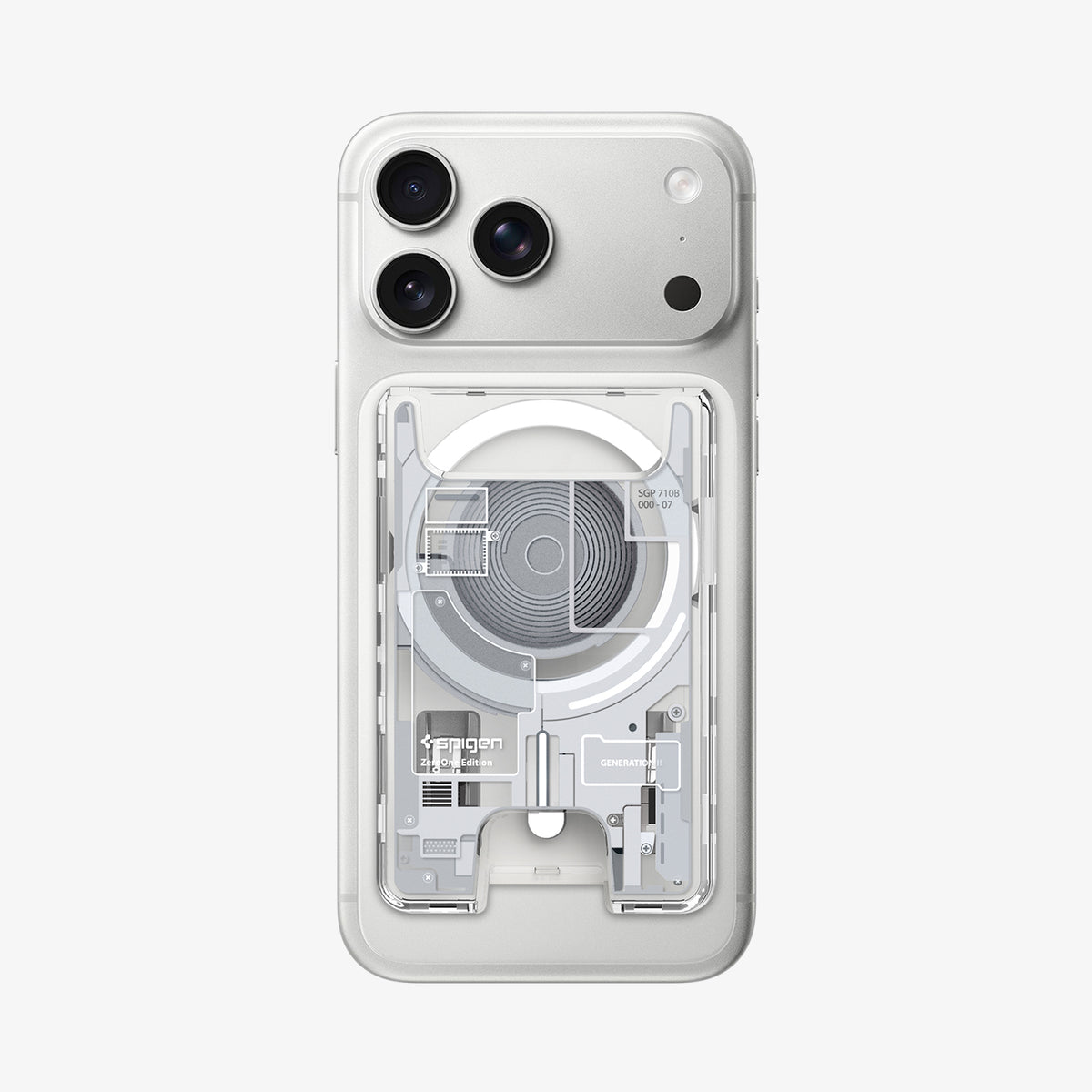 AFA11305 - Ultra Hybrid MagFit card wallet transparent white attached to iPhone showing MagSafe alignment internal circuit inspired design and rear card access cutout