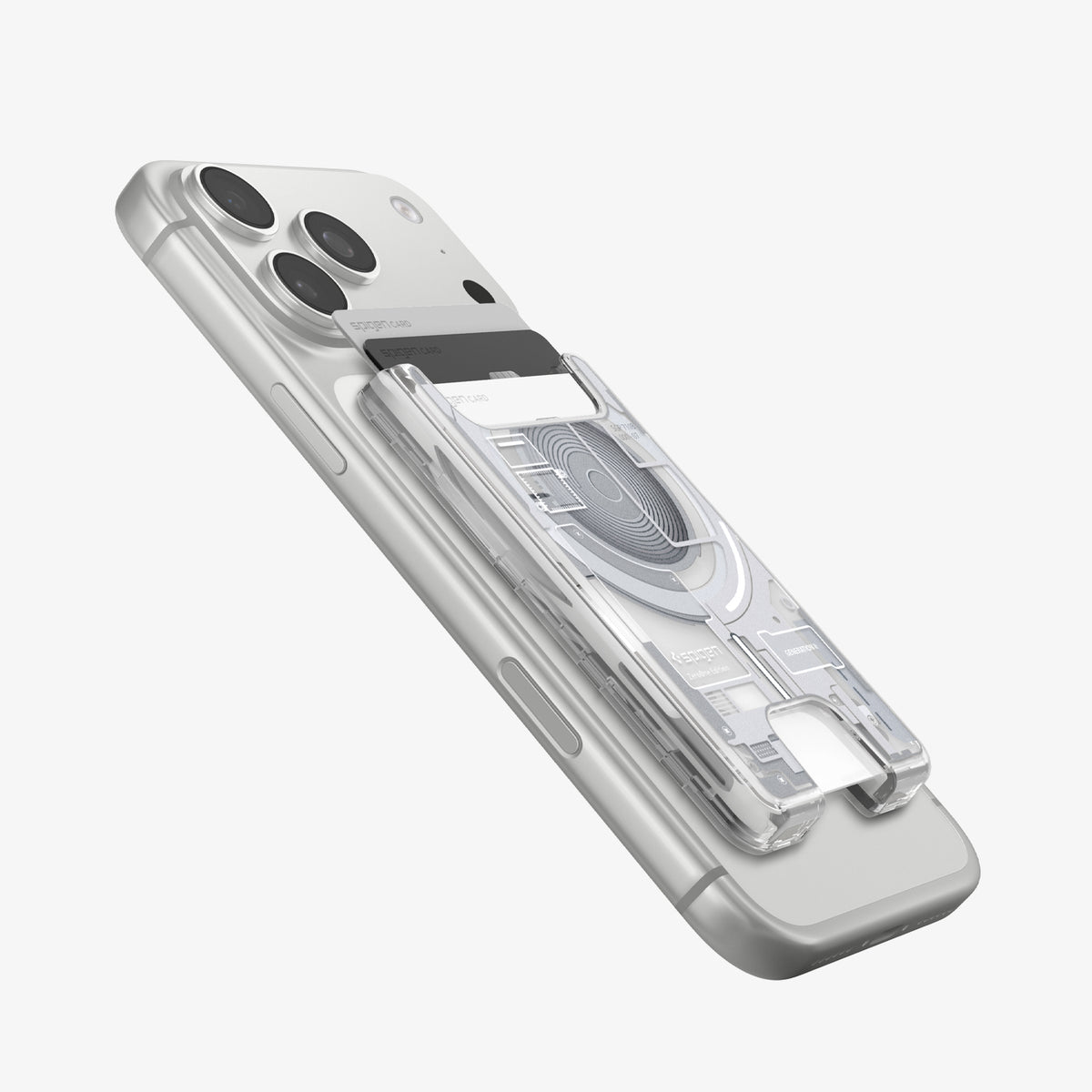 AFA11305 - Ultra Hybrid MagFit card wallet transparent white attached to iPhone at angled side view showing slim profile raised card slot and visible circuit inspired internal design