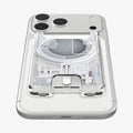 AFA11305 - Ultra Hybrid MagFit card wallet transparent white mounted on iPhone back view showing centered MagSafe alignment precise cutout and exposed Zero One internal circuit design