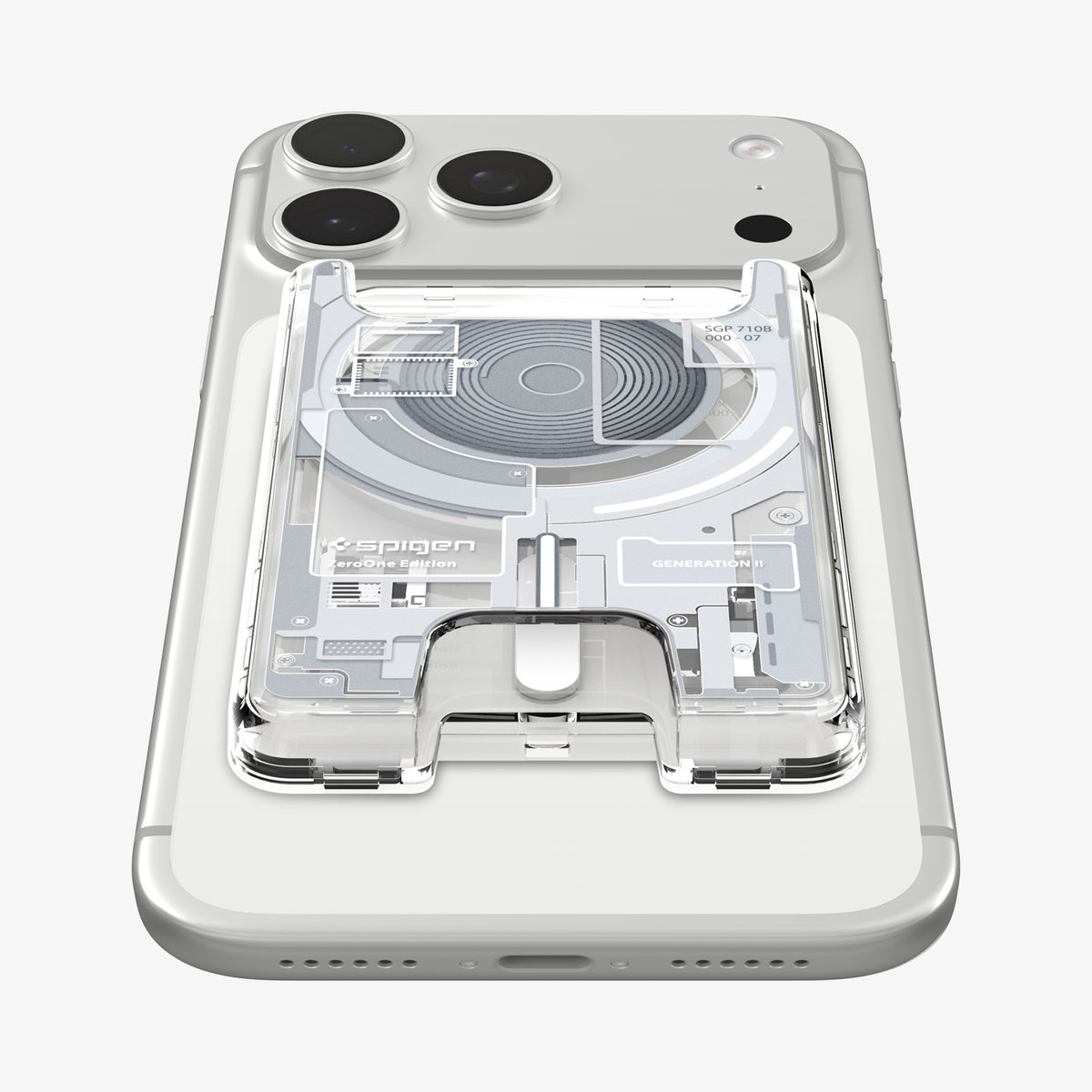 AFA11305 - Ultra Hybrid MagFit card wallet transparent white mounted on iPhone back view showing centered MagSafe alignment precise cutout and exposed Zero One internal circuit design