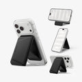 AFA11978 - MagSafe Card Holder Valentinus S-2 (Mag Fit) in Black showing a foldable magnetic wallet attached to a phone in multiple portrait and landscape stand positions.