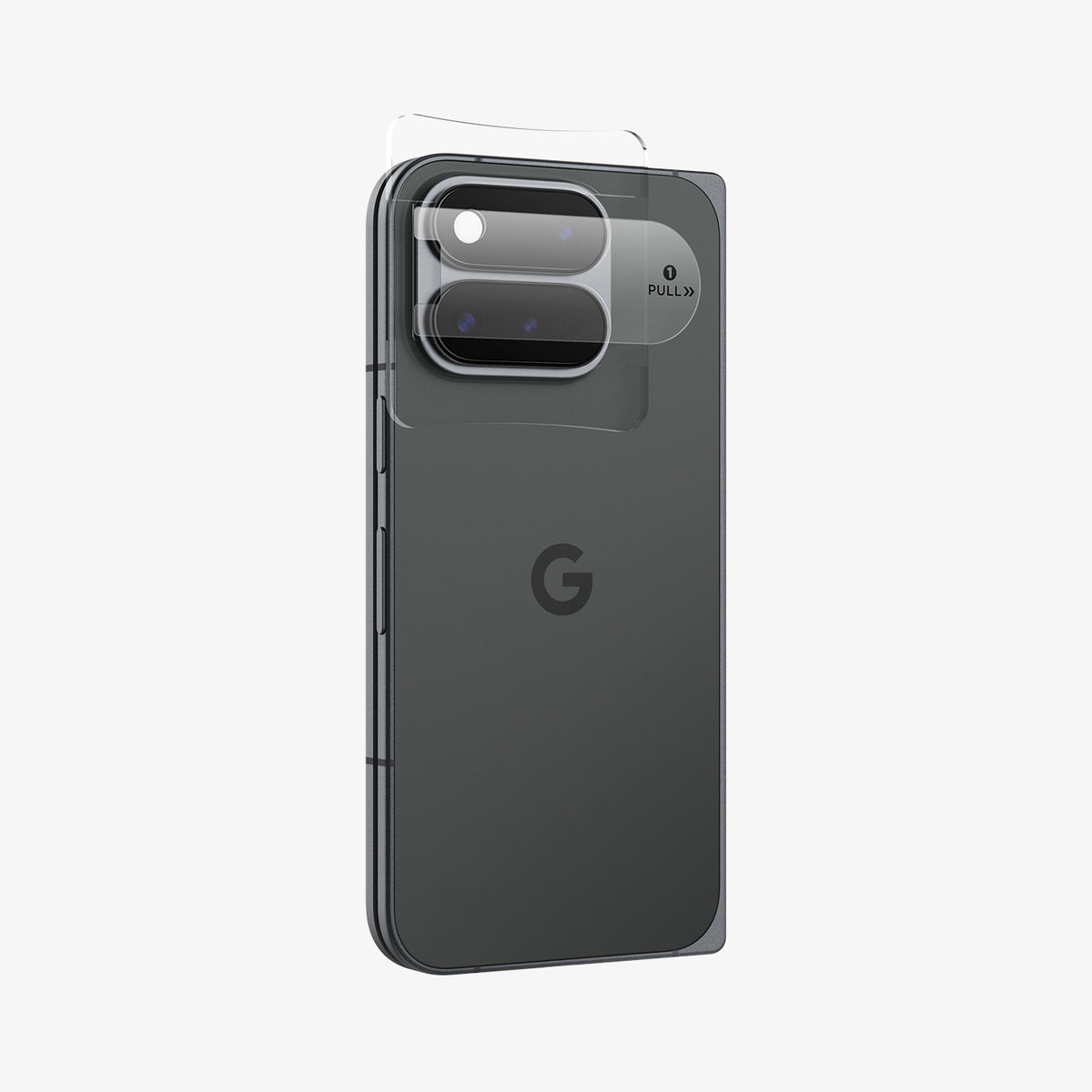 AGL11491 - Pixel 11 Pro Fold Optik EZ Fit Lens Protector alignment tray placed over the camera area for guided lens protector installation.
