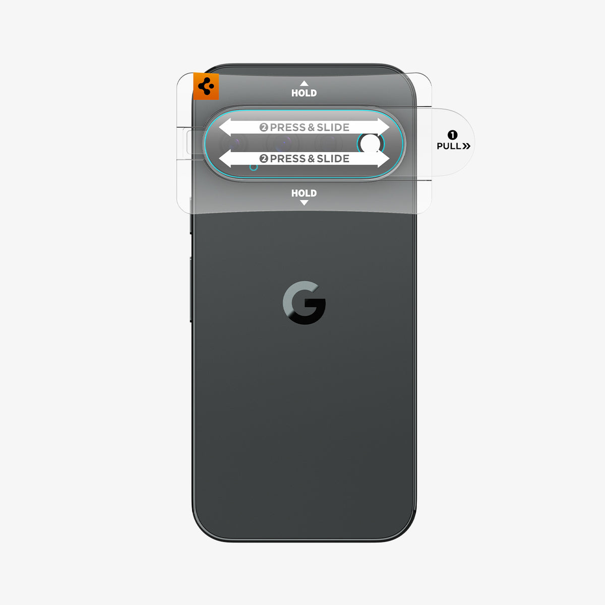 AGL11484 - Pixel 11 Pro  Optik EZ Fit Lens Protector alignment tray placed over the camera area for guided lens protector installation.