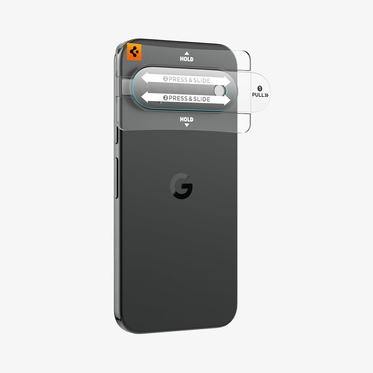 AGL11484 - Pixel 11 Pro  Optik EZ Fit Lens Protector protective film being pulled from the alignment tray during lens protector installation.