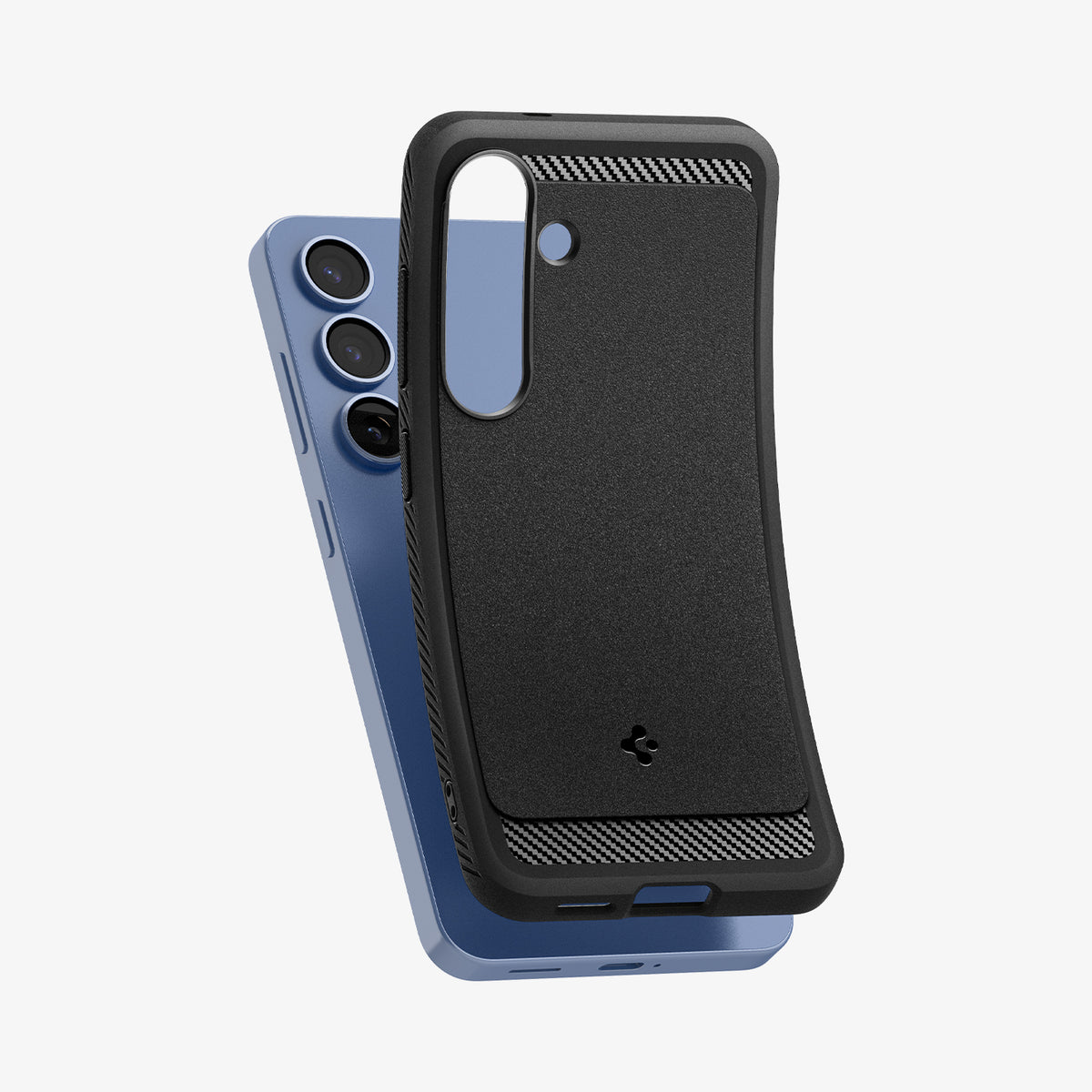 ACS08977 - Galaxy S25 Plus Case Rugged Armor (MagFit) in Matte Black showing the back, partial side and bottom partially hovering in front of the device