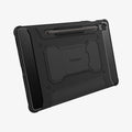 ACS09381 - Galaxy Tab S10 FE+ Case Rugged Armor Pro in Matte Black showing the back, partial bottom with S Pen attached at the back