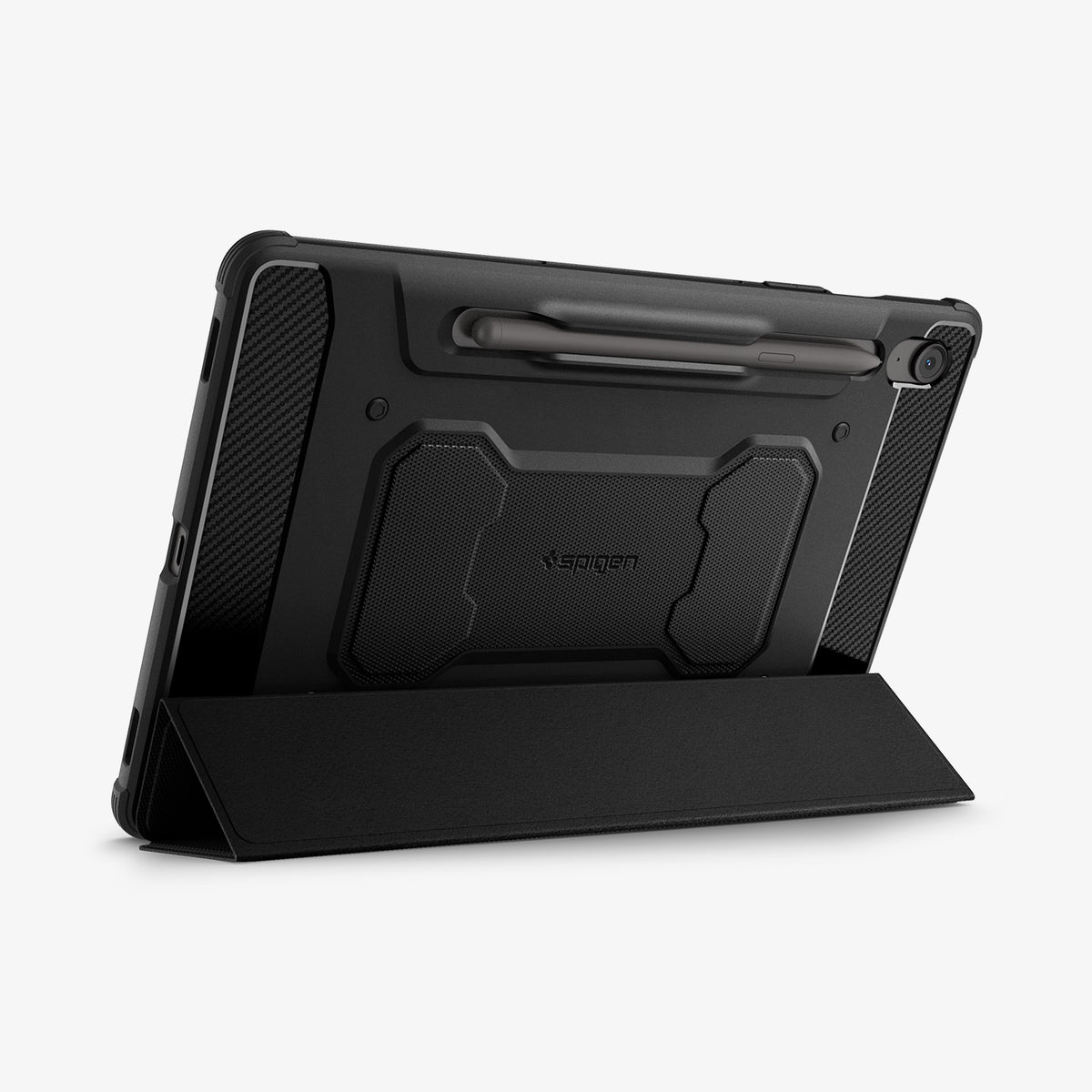 ACS09381 - Galaxy Tab S10 FE+ Case Rugged Armor Pro in Matte Black showing the back, partial side with front cover converted into a stand