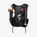 AMP10225 - Dynamic Shield™ Running Vest | A721 L-XL in Black showing the front view with mesh storage pockets holding a soft flask, hydration tube, energy gel, and smartphone.