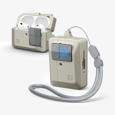 ACS10978 - AirPods Pro 3 Classic LS showing the front and side with strap and a second case with top open and AirPods inside