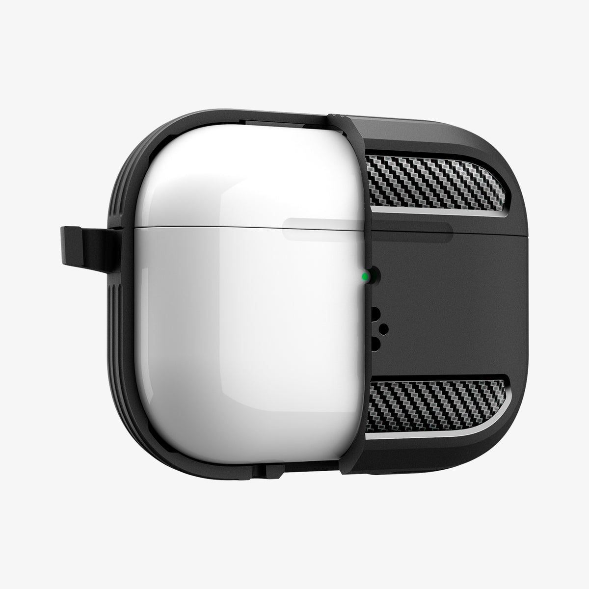 ACS09822 - AirPods Pro 3 Rugged Armor in Matte Black showing the front partially cut open in half